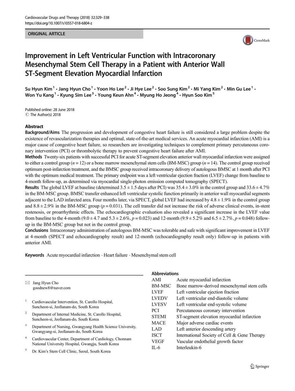 Original paper: [Postmarketing Study] Safety and Effects on Left Ventricular Function of Coronary Artery Injection of Autologous Bone Marrow-Derived Mesenchymal Stem Cells in Patients with Anterior Wall Acute Myocardial Infarction