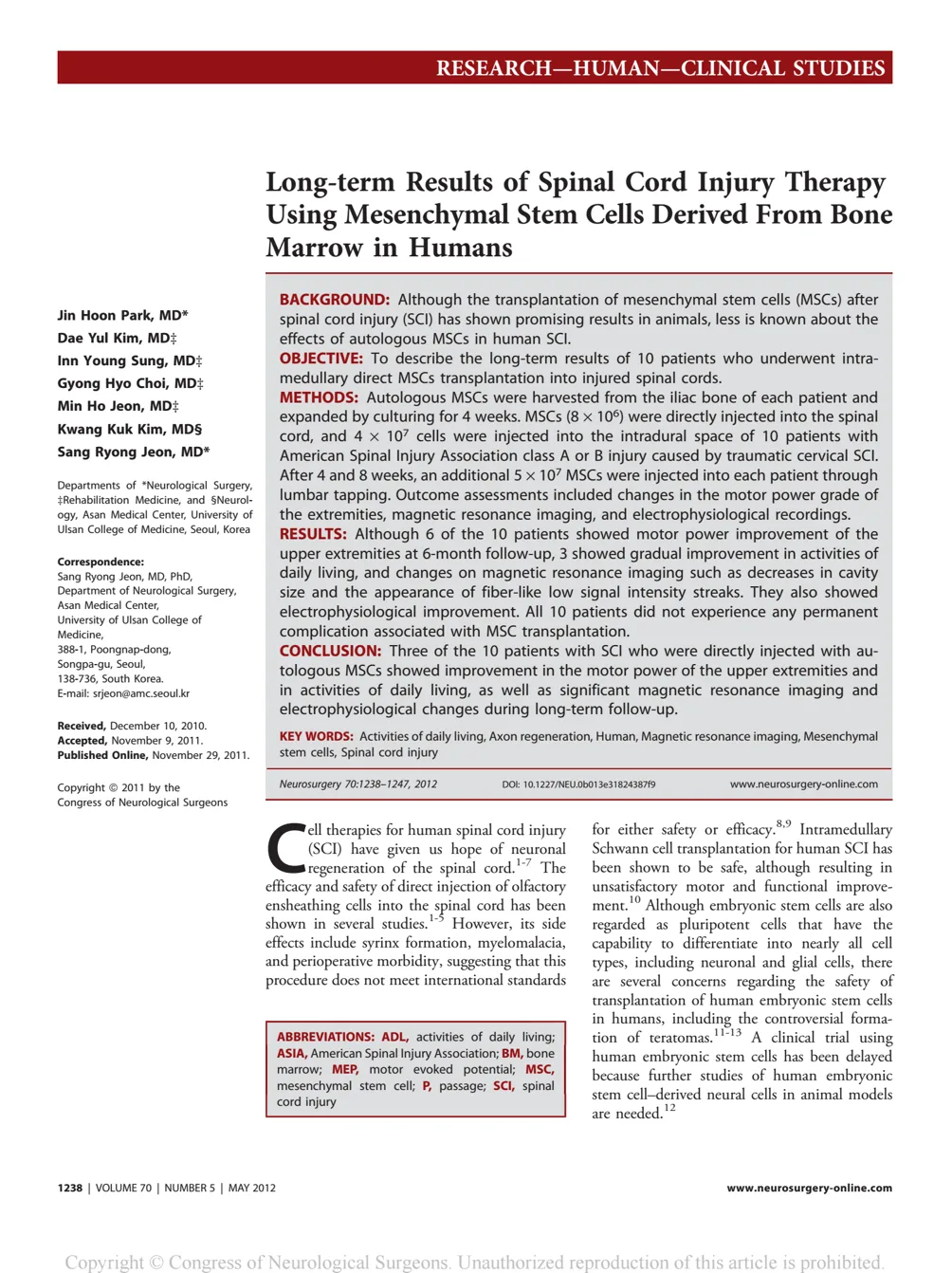 Original paper: [Spinal Cord Injury Phase 1] Long-term Follow-up Results of Intraspinal Administration of Autologous Bone Marrow-Derived Mesenchymal Stem Cells in Patients with Spinal Cord Injury