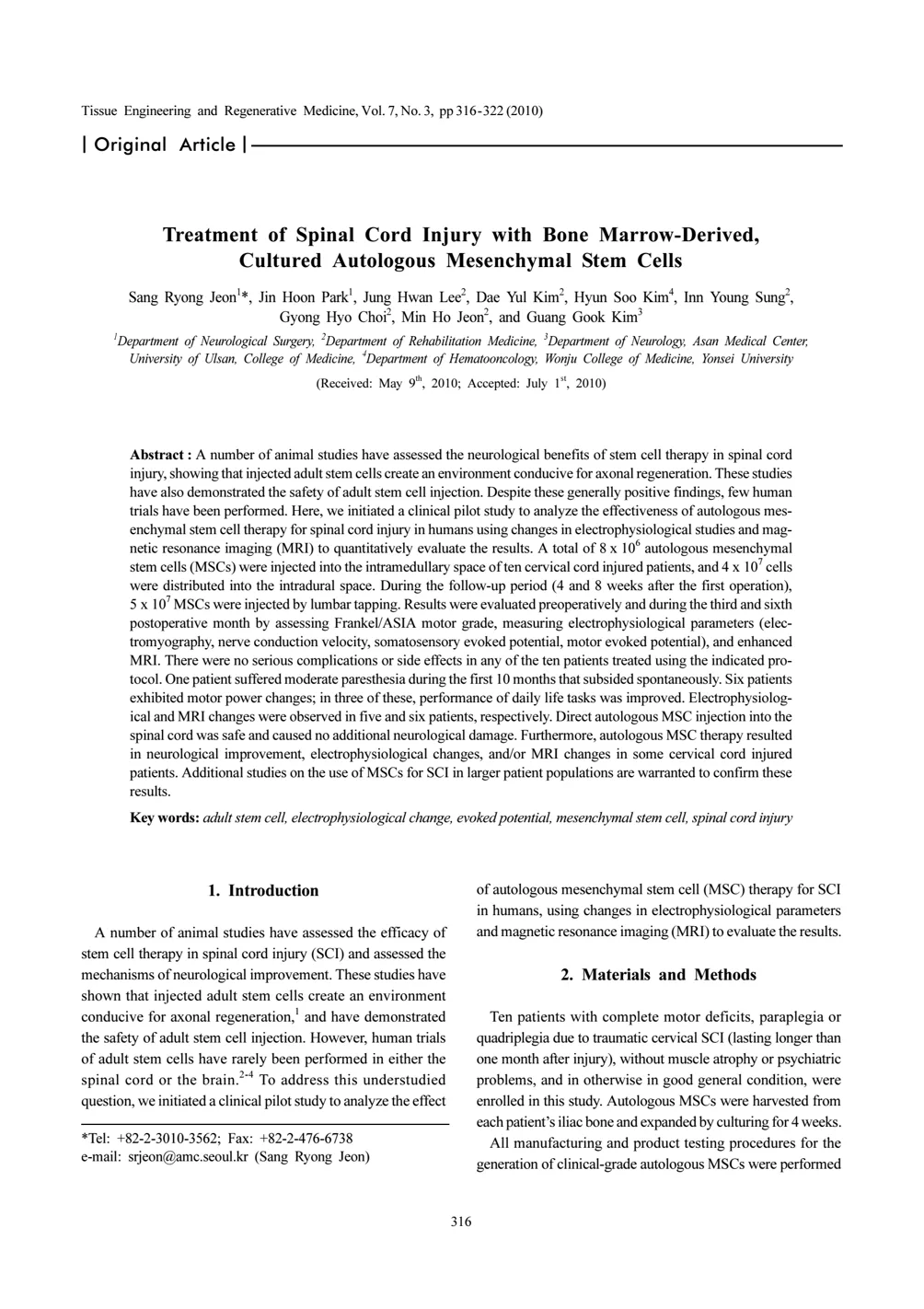Original paper: [Phase 1 Study on Spinal Cord Injury] Safety and Changes in Motor Function Following Administration of Autologous Bone Marrow-Derived Mesenchymal Stem Cells in Patients with Spinal Cord Injury