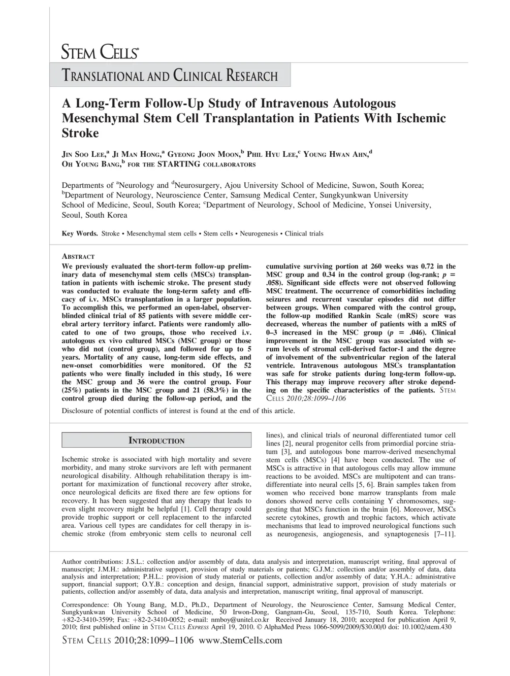 Original paper: [Stroke Phase 3] Five-Year Safety and Functional Outcomes of Intravenous Administration of Autologous Bone Marrow-Derived Mesenchymal Stem Cells in Patients with Ischemic Stroke (STARTING Study)