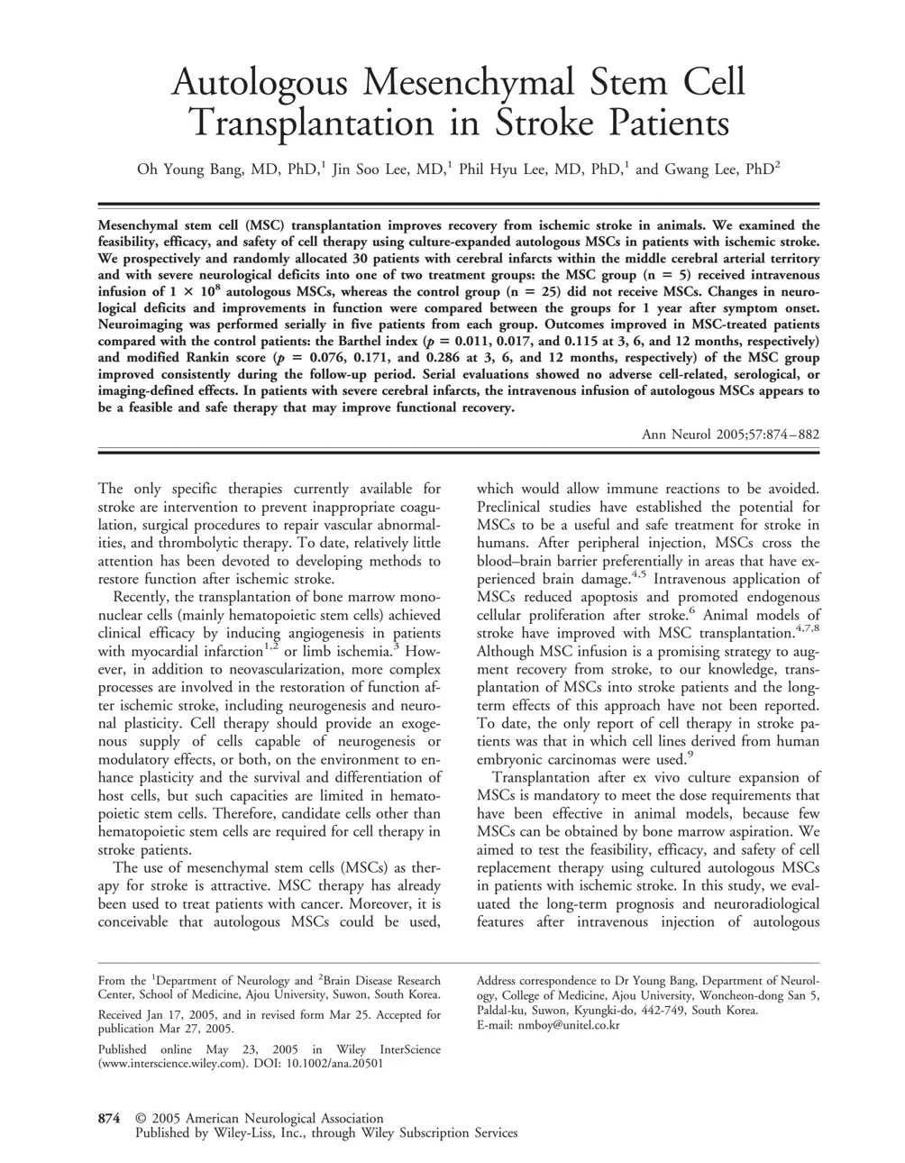 Original paper: [Phase 1/2 Stroke Trial] Safety and Functional Recovery Following Intravenous Administration of Autologous Bone Marrow-Derived Mesenchymal Stem Cells in Patients with Ischemic Stroke