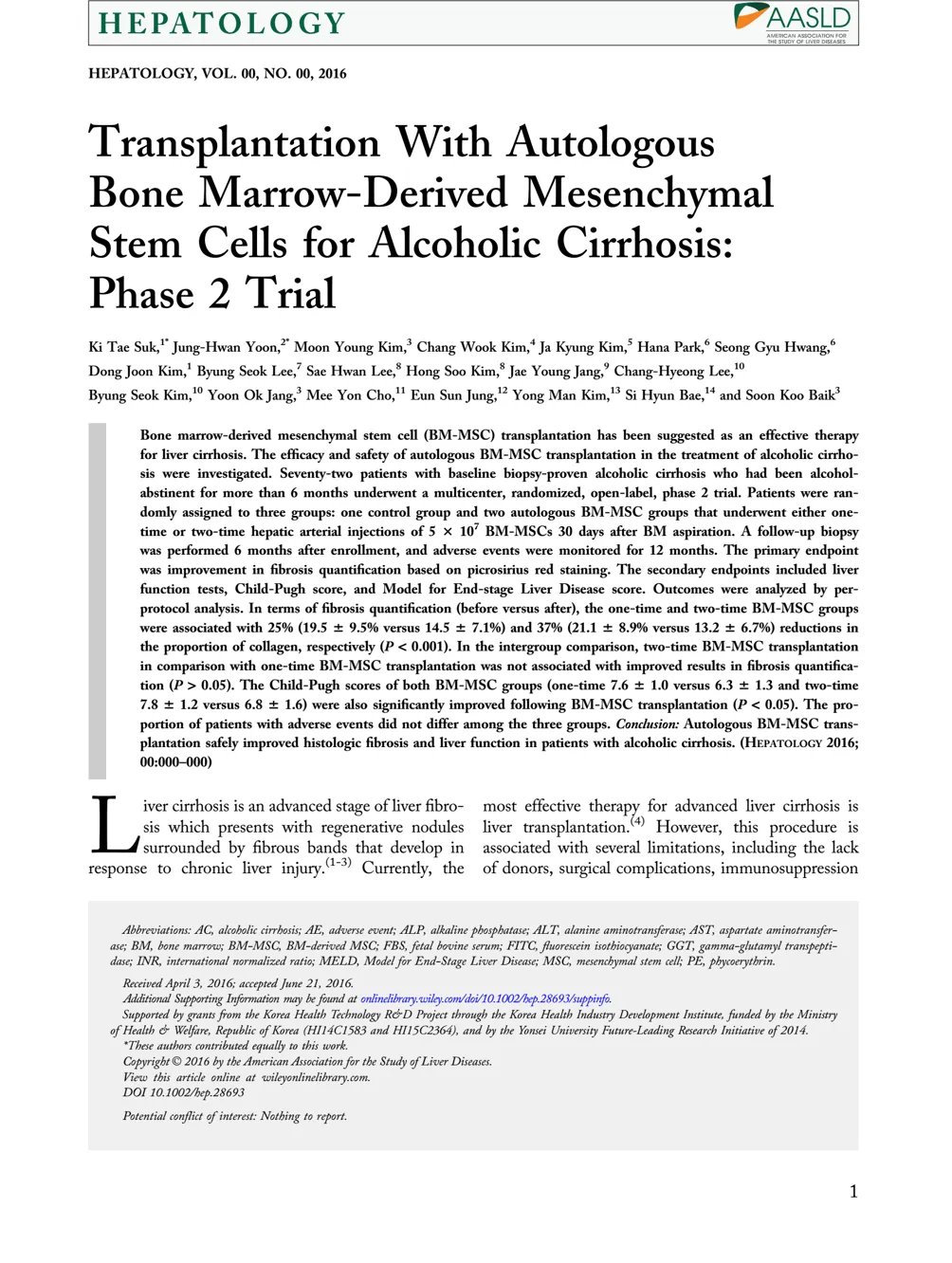 Original paper: [Stage 2 Cirrhosis] Safety and Efficacy of Hepatic Artery Injection of Autologous Bone Marrow-Derived Mesenchymal Stem Cells in Patients with Alcoholic Cirrhosis (Phase 2 Clinical Trial)