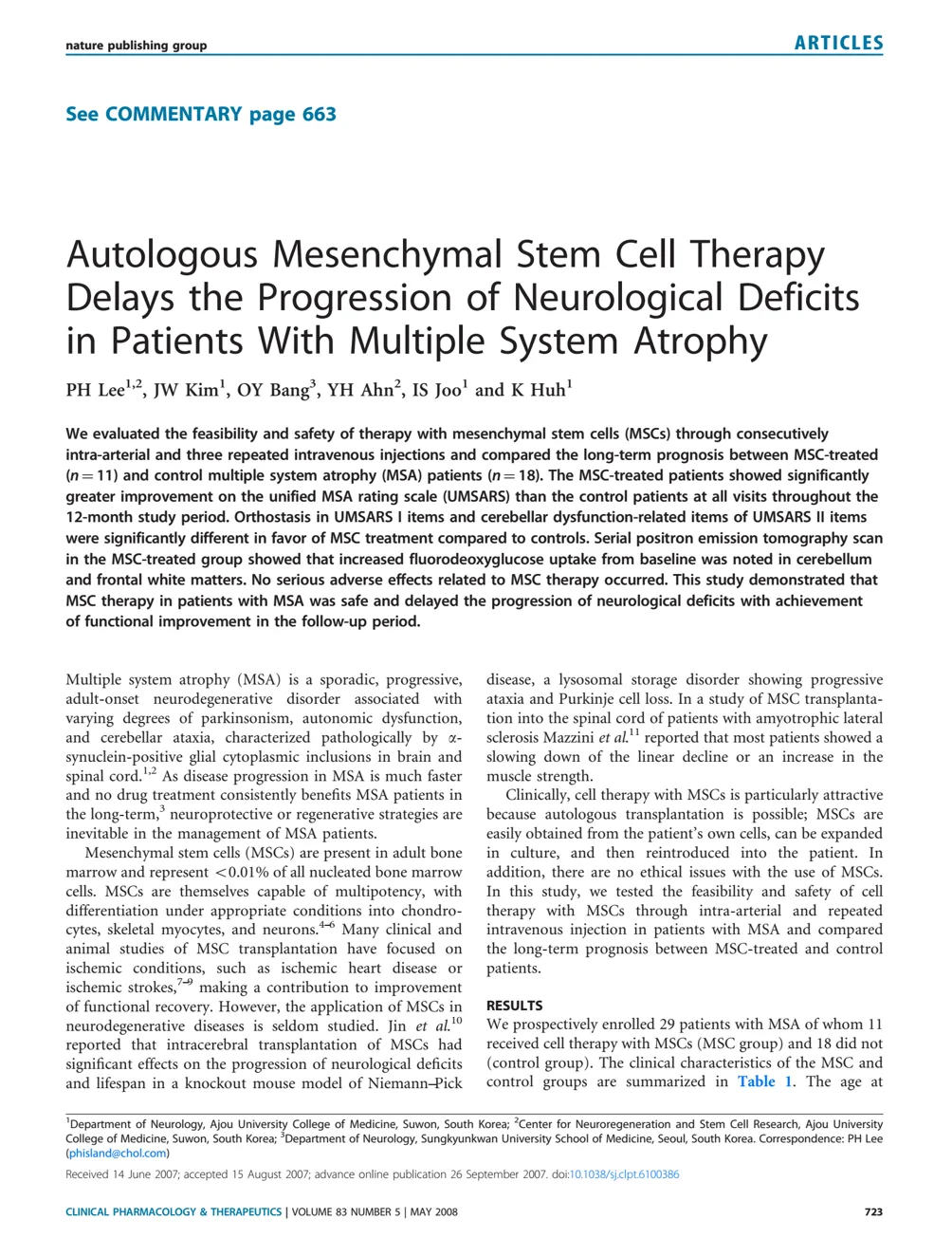 Original paper: [Parkinson's] Safety and Delay of Disease Progression Following Administration of Autologous Bone Marrow-Derived Mesenchymal Stem Cells in Patients with Multiple System Atrophy